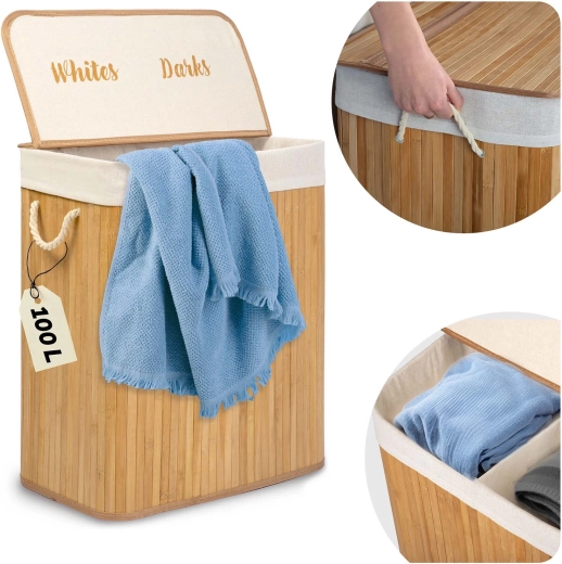Bamboo laundry hamper with lid 100 L, dual-compartment