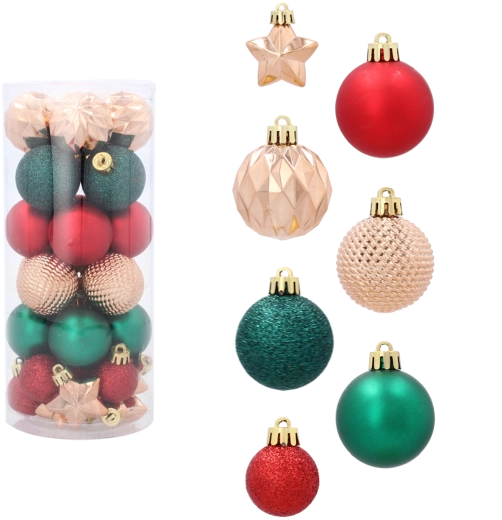 Set van 32 kerstballen 3–4 cm rood, goud en groen Chomik