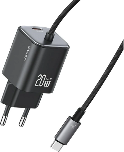 USAMS JC Serie GaN Mini-Netzladegerät 20 W mit integriertem USB‑C-Kabel (2× USB‑C), schwarz