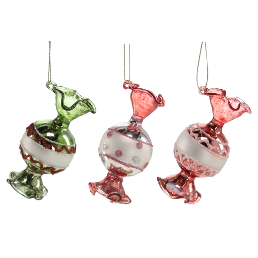 Glazen kerstornamenten snoepjes, set van 6 stuks