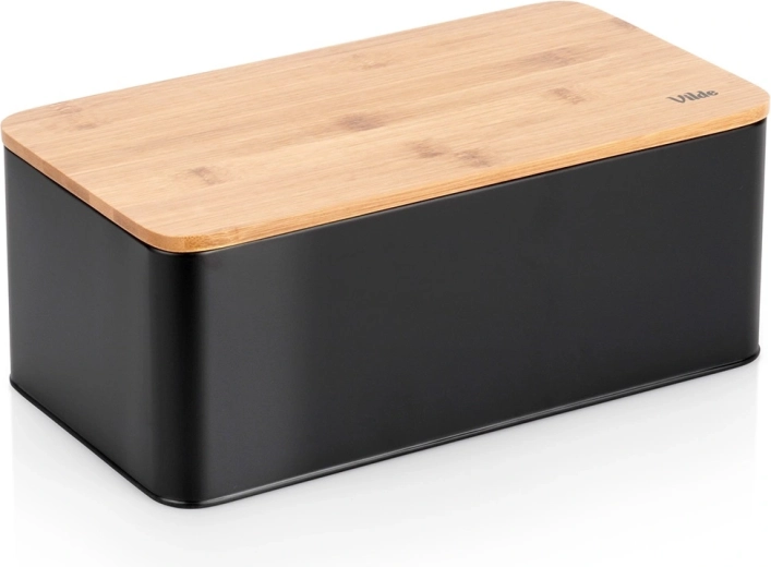 Metalen broodtrommel met bamboe deksel, zwart 33 × 18 × 13 cm