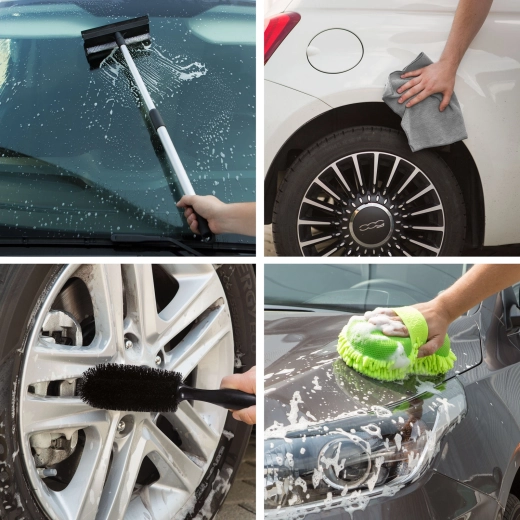 Car Care Set with Cloths, Washing Sponge, Wheel Brush and Telescopic Squeegee