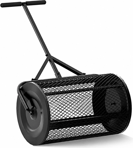 Hand compost spreader with mesh drum