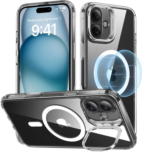 ESR Classic Hybrid HaloLock Case with Kickstand for iPhone 16 – Clear