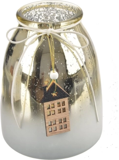 Glass and wood house-shaped candle holder, silver