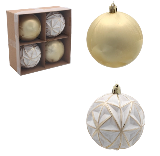 Set de boules de Noël 8 cm blanc-or (4 pcs)