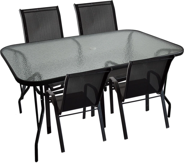 Tuin-eetset met glazen tafel en 4 stoelen, staal en textileen, zwart