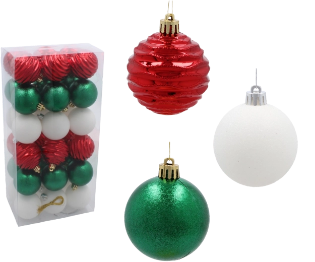 Set van 36 kerstballen van 6 cm in rood, groen en wit