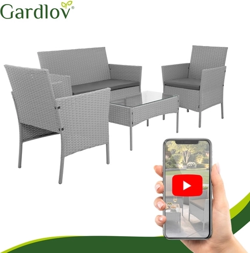 Ensemble de jardin en résine tressée GARDLOV, gris – 2 fauteuils, canapé et table basse avec verre
