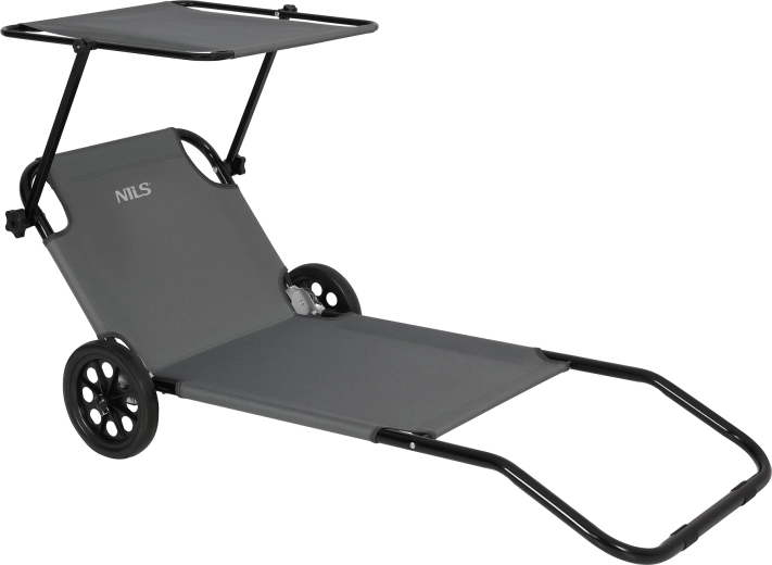 Grey NILS Camp beach lounger with canopy and wheels