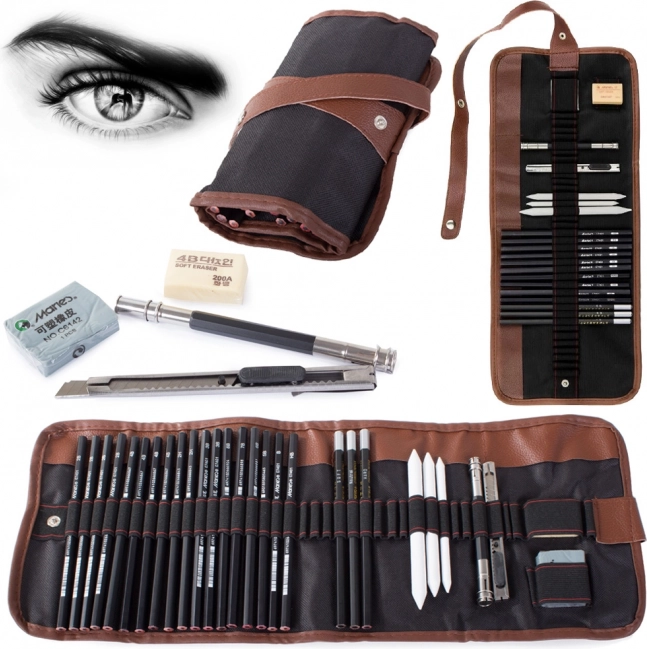 Professional sketching set with charcoal in a portable case