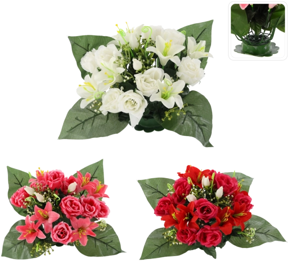 Composition florale artificielle roses et lys 25 × 27 × 27 cm, assortiment de couleurs