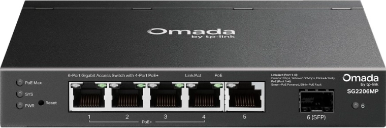 TP-Link Omada Gigabit switch with 4× PoE+ and 1× SFP (6 ports)