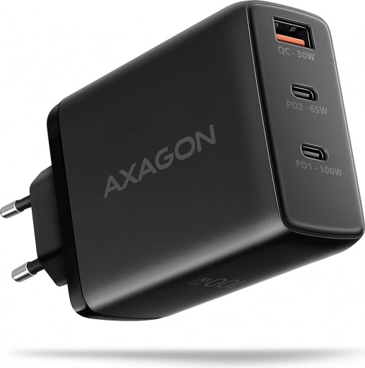 AXAGON GaN 100 W Wall Charger, 3 Ports (USB‑A + Dual USB‑C), Black