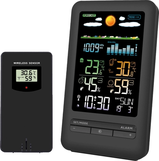 Solight Wetterstation mit farbigem LCD-Display, Temperatur-, Feuchtigkeits- und Druckmessung, schwarz