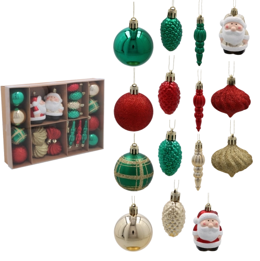 Set van 24 kerstornamenten in rood, groen en goud