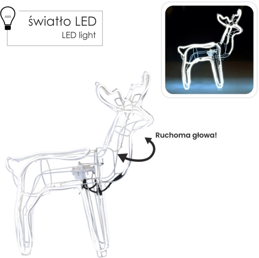 Renne de Noël LED néon avec tête mobile, blanc froid, 70 cm