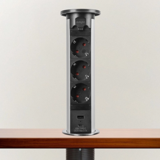 Motorized retractable power socket strip for desks, silver