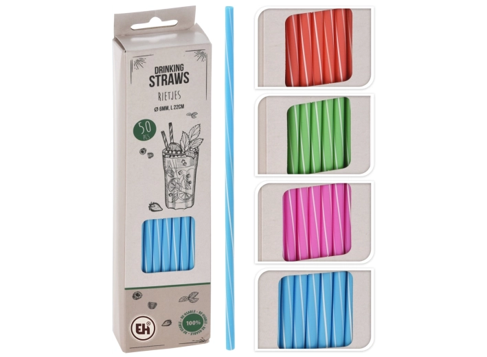 Set aus wiederverwendbaren Trinkhalmen 22 cm, Durchmesser 6 mm – Farb-Mix mit Streifen (50 Stk.)