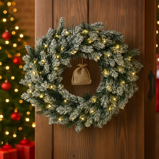Pine Christmas wreath 60 cm, heavily snow-flocked with LED - 1 piece