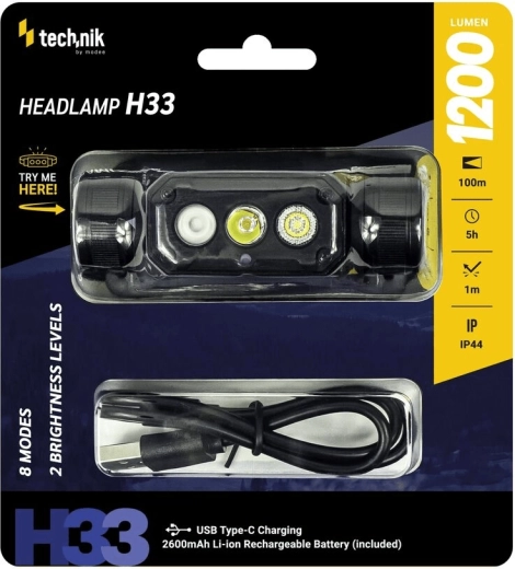 Hoofdlamp Technik H33 met SST20 LED en USB‑C (1200 lm)
