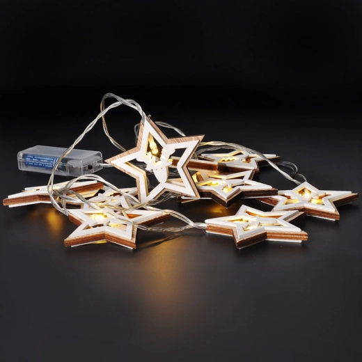 Solight LED-kerstlichtslinger met houten sterren 1,5 m, 10 LED's, warm wit
