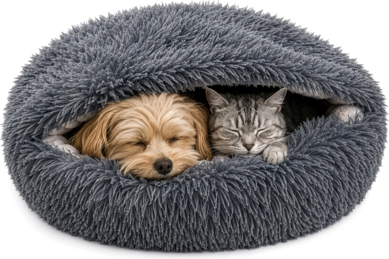 Purlov plush bed for dog and cat 70 × 60 cm 2-in-1 with hood, gray
