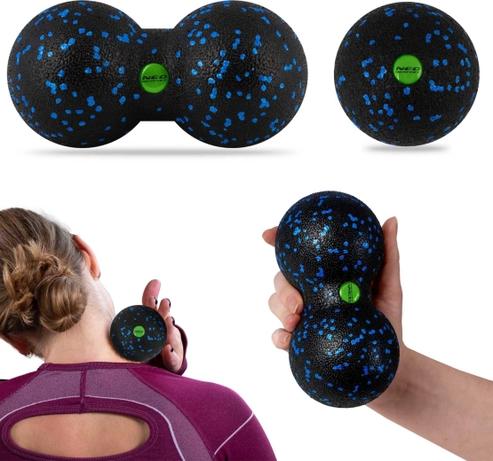 Massagebal en dubbele bal (peanut) – set, zwart-blauw