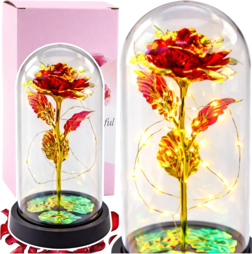 Ewige rote Rose unter einer Glaskuppel mit LED-Beleuchtung