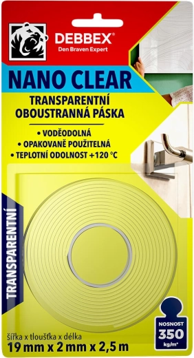 Dubbelzijdige nano tape transparant 19 × 2 mm, 2,5 m