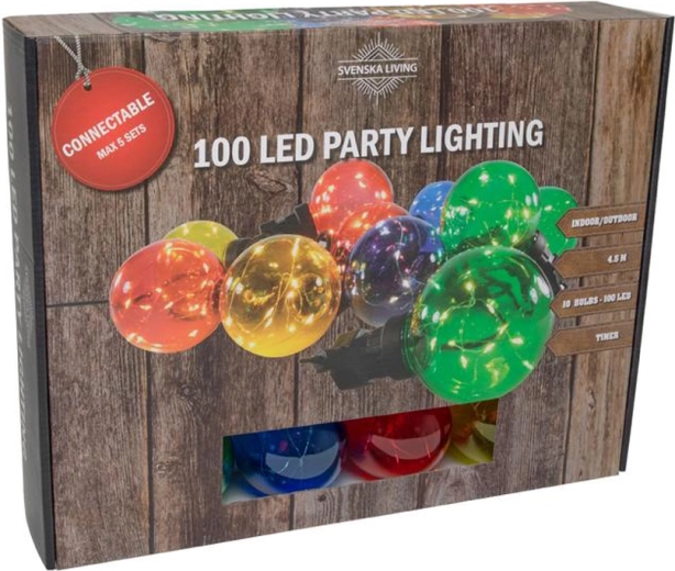 Partyverlichting 10 gekleurde bollen met timer, 100 LED, 4,5 m