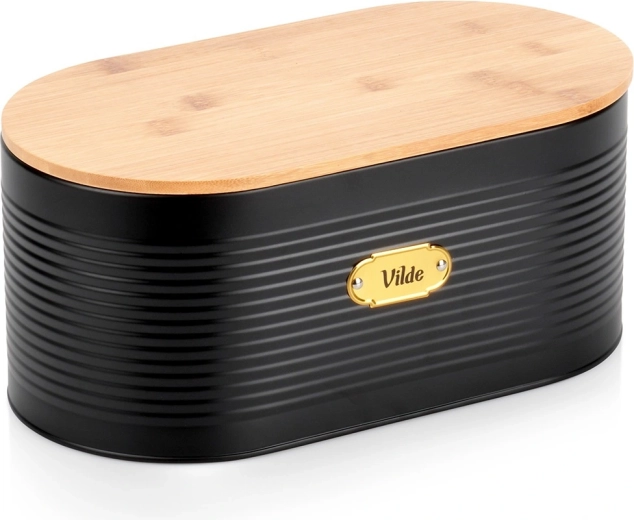 Metalen broodtrommel met bamboe deksel, zwart, 34 × 18,5 × 15 cm