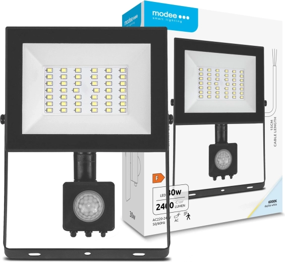 LED-Strahler mit Sensor 30 W, 120°, 2400 lm, 6000 K – MODEE E‑series
