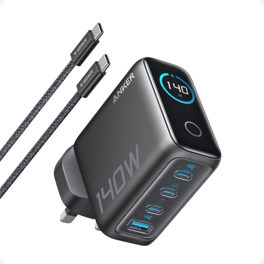 Anker netlader 140 W PD 3.1 met USB‑C-kabel en LED-display, grafiet