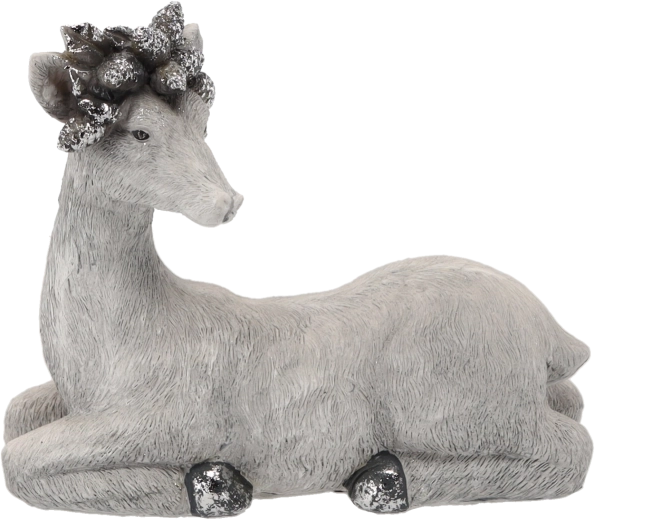 Figurine de renne gris couché en céramique de Noël, 26,5 × 12 × 23 cm