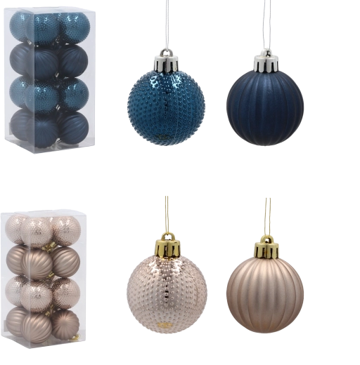 Set de boules de Noël 4 cm – bleu foncé et beige doré, 16 pcs