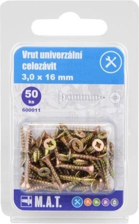 Universele schroef met volle draad 3,0 × 16 mm, verzinkt, 50 st.