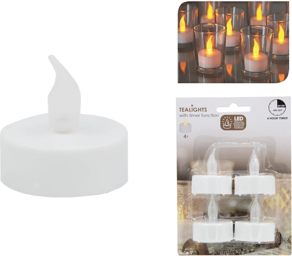 Set of LED Tealight Candles with Timer, White, 3.5 cm Diameter (4 pcs)