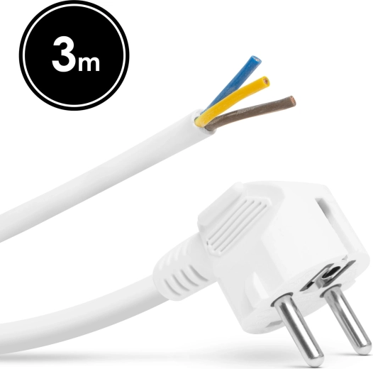 Installable power cable with grounded plug, 3 m, white