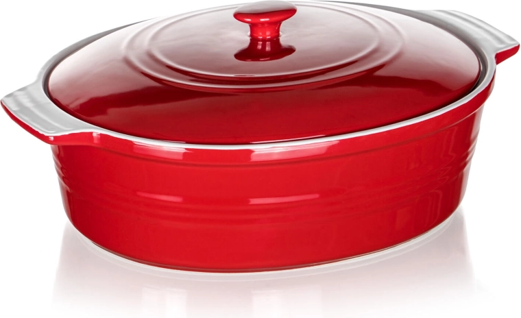 Keramische ovenschaal met deksel CULINARIA, ovaal 36,5 × 25 cm, rood/wit
