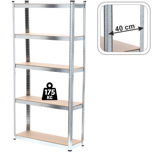 Metal shelving unit, 5 shelves, 200 × 90 × 40 cm, MDF, load capacity 175 kg per shelf