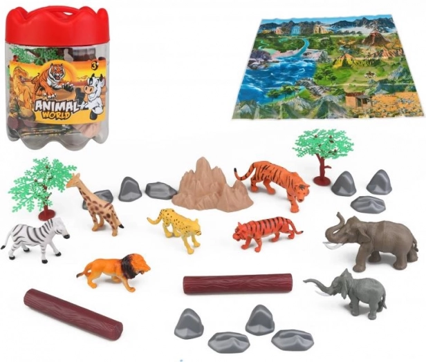 Set safari d’animaux 21 pièces avec boîte portable et tapis de jeu