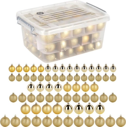 Shatterproof gold Christmas baubles in box 4 / 5 / 6 cm, 70 pcs