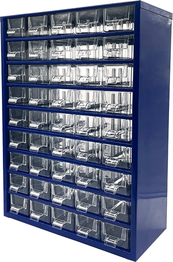Metal cabinet with 45 small drawers, 30.5 × 46 × 15.5 cm
