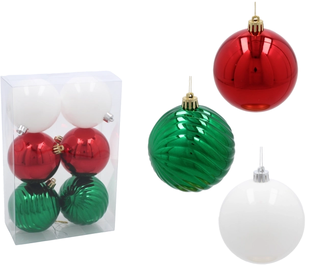 Set kerstballen 8 cm – rood, groen en wit, 6 stuks