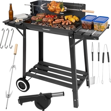 Garten-Holzkohlegrill mit Drehspieß und oberem Rost KAMINER 93 × 41 × 86 cm