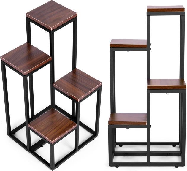 Support pour plantes avec étagères ModernHome 4 niveaux métal et MDF noyer foncé