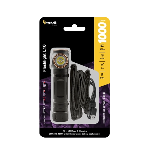 Technik Taschenlampe L10 mit USB‑C, 1000 lm, magnetisch, mit Stirnband