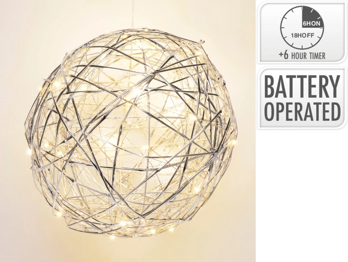 Boule décorative LED argentée avec minuterie, 25 cm