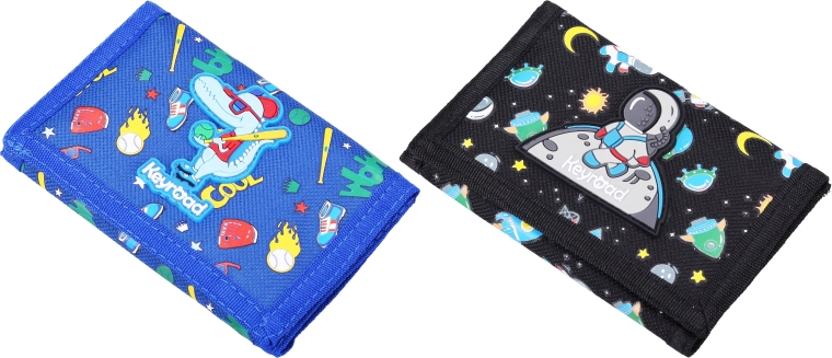 Fabric wallet with hook-and-loop fastener, 12.5 × 8 cm, 2 designs (dinosaur / astronaut)